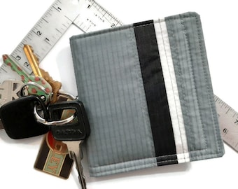 Mens Wallet, Mans Slim Wallet, Recycled Paraglider Mans Bifold, Gray Mans Pocket Wallet, Striped Upcycled Nylon Flat Wallet