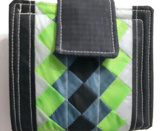 Recycled Paraglider Wallet: Geometric Patchwork Bi-Fold Vegan Wallet