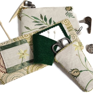 Embroidered Linen Sewing Set: Upcycled Needle & Scissor Cases, Zipper Pouch