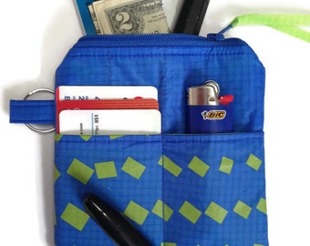 EDC, Every Day Carry Zipper Pouch, Upcycled Pocket Organizer, Stash Pouch, Recycled Paraglider Pouch, EDC with Key Ring, Blue Minimal Case
