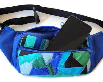 Eco-Friendly Geometric Fanny Pack – Blue & Green Patchwork Hip Bag Made from Recycled Paragliders
