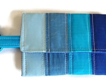 Blues Card Case Keychain, Repurposed Paragliders, Eco Vegan Stripes Sporty Foldover with Carabiner Clip