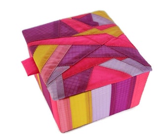 Brilliant Pinks Recycled Paraglider Handmade Box, Hot Pink Quilted Box, Eco Fabric Box, OOAK Geometric Desk Accessory