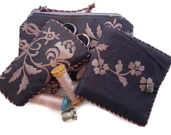 Scissor and Needle Case Set with Matching Zipper Pouch, Handmade from Recycled Embroidered Fabric , Seamstress Keepsake, Needle Book