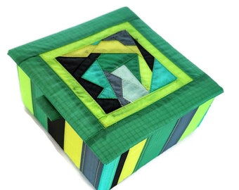 Green Recycled Paraglider Box, OOAK Handmade Geometric Quilted Box