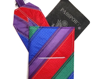 Passport and Luggage Tag Set, Recycled Paraglider Travel Set, Striped Passport Case and Geometric Luggage Tag, Gift for Travelers