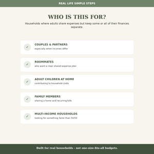 Puede incluir: Un gráfico informativo titulado REAL LIFE SIMPLE STEPS y WHO IS THIS FOR? que enumera audiencias objetivo para finanzas compartidas, incluyendo parejas, compañeros de piso, hijos adultos, familiares y hogares con múltiples ingresos.