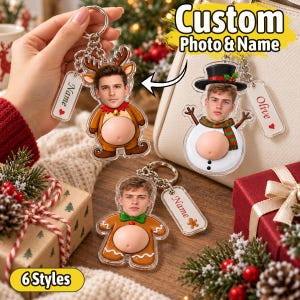 Personalized Christmas Photo Keychain, Custom Face Keyring with Name, Funny Holiday Bag Charm, Stocking Stuffer Gift