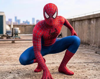 Adult Superhero Costume | Red Blue Web Pattern Full Body Bodysuit with Mask | Stretch Halloween Cosplay Suit for Men