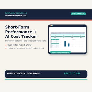 May include: An Excel template for short-form creator performance and AI cost tracking. The digital document features a dashboard preview, text labels for tracking TikTok, Reels, and Shorts, and a button labeled Instant Digital Download.