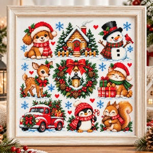 May include: A framed cross-stitch embroidery featuring a grid of Christmas-themed illustrations including a puppy, a cabin, a snowman, a deer, a central wreath, a cat with gifts, a red truck, a penguin, and a squirrel, all on white fabric.