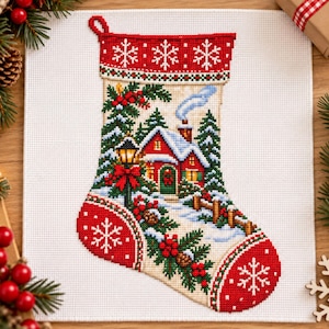 Puede incluir: Un patrón de punto de cruz sobre tela blanca con un diseño de calcetín navideño. El calcetín es rojo y crema con una escena invernal de una casa nevada, pinos, una farola y bayas de acebo. Copos de nieve blancos decoran las secciones rojas.