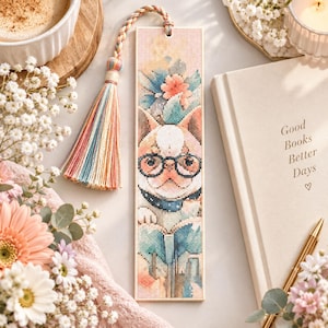 Può includere: Un segnalibro rettangolare a punto croce raffigurante un bulldog francese con occhiali dalla montatura nera e un collare blu scuro, intento a leggere un libro. Il design presenta delicati accenti floreali nei toni pesca e blu, con una nappa intrecciata.