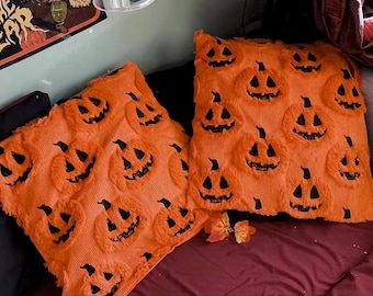 Funda de cojín de calabaza de Halloween – Funda de almohada acogedora de otoño – Decoración espeluznante para el hogar