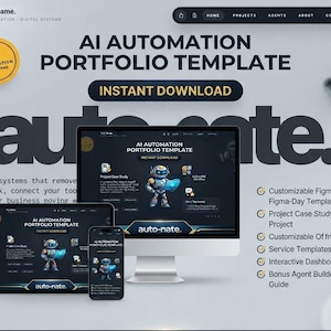 May include: A digital product display featuring an AI automation portfolio template on a desktop monitor, tablet, and smartphone. The interface includes the text AI AUTOMATION PORTFOLIO TEMPLATE, INSTANT DOWNLOAD, and auto-nate, with a robot graphic.