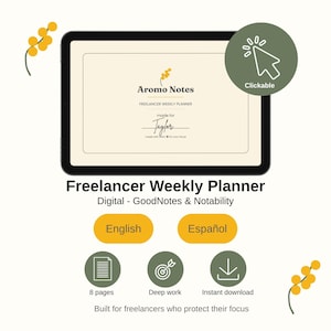 Puede incluir: Una tableta digital que muestra el planificador semanal Aromo Notes Freelancer con el texto made for Taylor. Debajo hay botones para English y Español, iconos para 8 pages, deep work, instant download y el texto Built for freelancers who protect their focus.