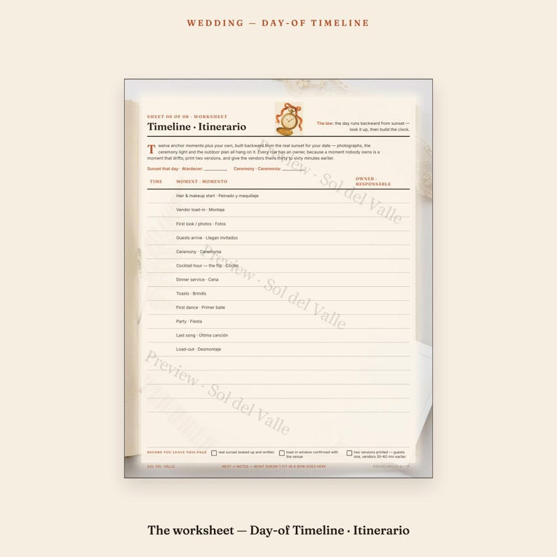 Wedding Timeline Worksheet – Sunset-Backward Planning, Bilingual EN/ES (PDF) image 5