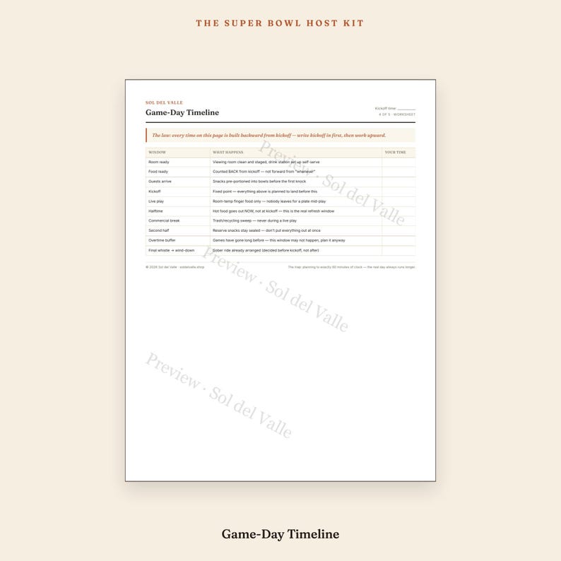 Super Bowl Gastgeberpaket – Checkliste, Einkaufsliste, Gästeliste, Zeitplan, Raster (PDF) Bild 5