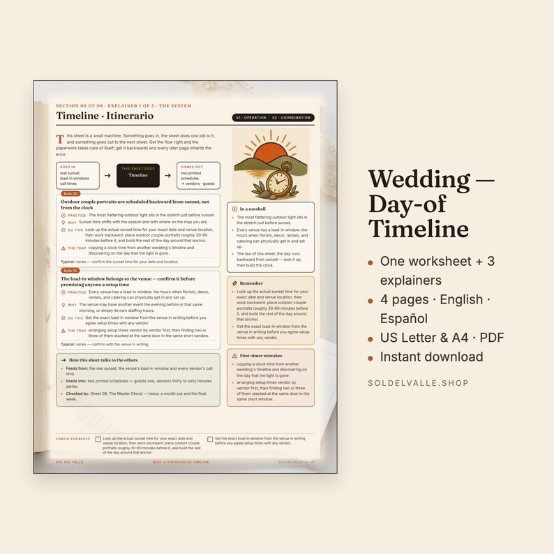 Wedding Timeline Worksheet – Sunset-Backward Planning, Bilingual EN/ES (PDF) image 1