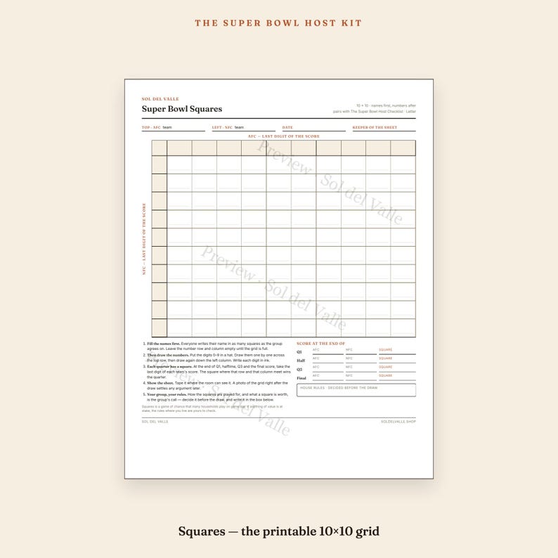 Super Bowl Gastgeberpaket – Checkliste, Einkaufsliste, Gästeliste, Zeitplan, Raster (PDF) Bild 7