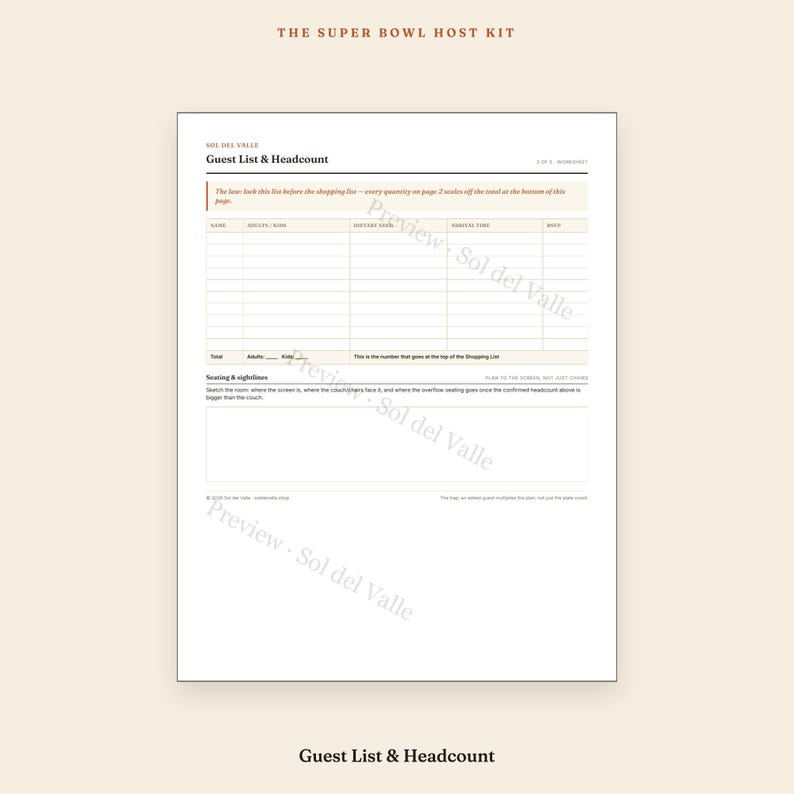 Super Bowl Gastgeberpaket – Checkliste, Einkaufsliste, Gästeliste, Zeitplan, Raster (PDF) Bild 4
