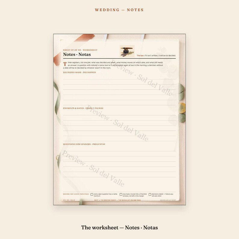 Bilingual Wedding Planning Notes – Decisions, Payments, Vendor Questions (PDF) image 5