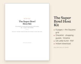 Zestaw dla gospodarza Super Bowl – lista kontrolna, lista zakupów, lista gości, oś czasu, siatka kwadratów (PDF)