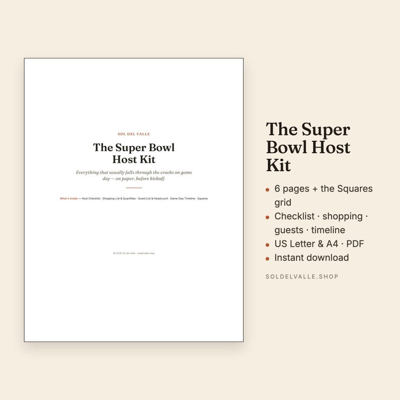 Super Bowl Gastgeberpaket – Checkliste, Einkaufsliste, Gästeliste, Zeitplan, Raster (PDF) Bild 1