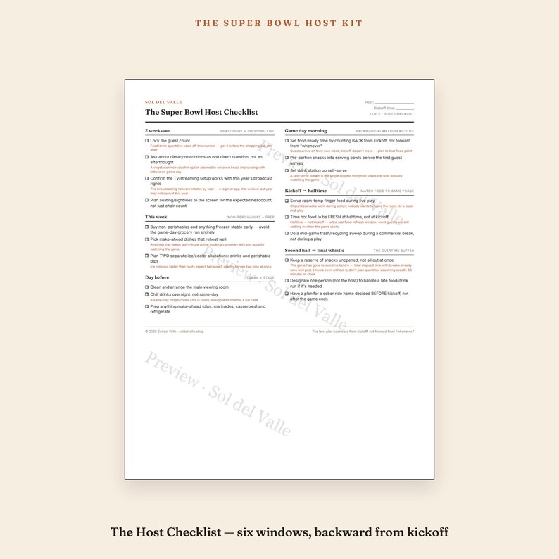 Super Bowl Gastgeberpaket – Checkliste, Einkaufsliste, Gästeliste, Zeitplan, Raster (PDF) Bild 2