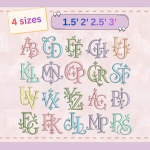 May include: A collection of twenty embroidered monogram letter combinations in various pastel colors. The text 4 sizes and 1.5' 2' 2.5' 3' is displayed at the top. Each letter pair features decorative flourishes, floral elements, and intricate line work.