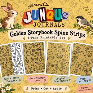 Puede incluir: Un conjunto imprimible de tiras para lomos de libros Golden Storybook de Jenna's Junque Journals con fondo dorado y dibujos lineales negros de animales, flores y cactus. El set incluye cinco páginas con varios patrones, texto y estilo vintage.