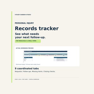 Puede incluir: Una plantilla de hoja de cálculo digital para el seguimiento de expedientes de lesiones personales de Steady Harbor Studio. El documento muestra una vista previa del panel de control con nueve pestañas para solicitudes y seguimientos.