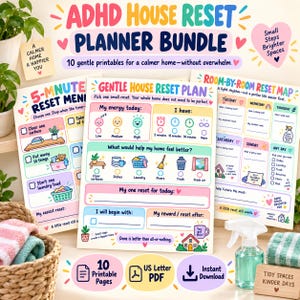 Peut inclure: Un ensemble de planificateurs ADHD House Reset comprenant 10 pages imprimables avec des icônes et du texte colorés. Les feuilles incluent un menu de réinitialisation de 5 minutes, un plan de maison douce et une carte de réinitialisation par pièce.