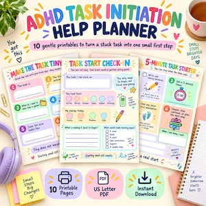 Puede incluir: Un conjunto de tres páginas imprimibles de planificador de iniciación de tareas para TDAH con indicaciones para desglosar tareas, registros y actividades de 5 minutos. Las páginas presentan cajas de colores pastel, iconos y texto, incluyendo ADHD Task Initiation Help Planner.
