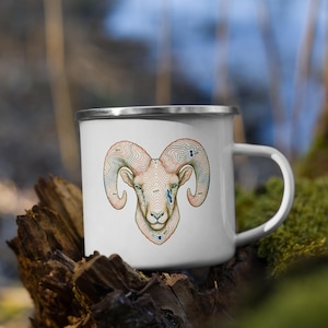May include: A white enamel mug with a silver rim featuring a graphic illustration of a bighorn sheep head. The sheep is depicted using colourful topographic map contour lines in shades of orange, blue, and green, with small elevation numbers.
