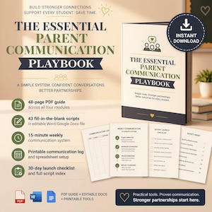 May include: The Essential Parent Communication Playbook is a 48-page PDF guide featuring 43 fill-in-the-blank scripts, a 15-minute weekly communication system, a printable communication log, and a 30-day launch checklist with a full script index.