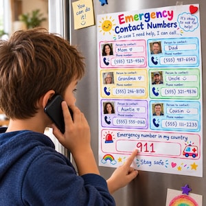 Puede incluir: Un póster rectangular blanco de lista de contactos de emergencia con bordes e iconos coloridos. Incluye secciones para nombres, fotos y números de teléfono para Mom, Dad, Grandma, Uncle, Auntie y Cousin, además del número 911.