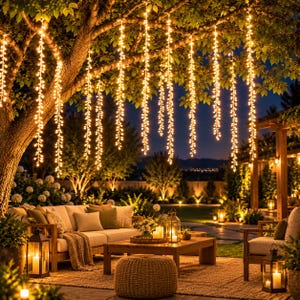 Puede incluir: Múltiples hileras de luces LED de color blanco cálido cuelgan verticalmente de las ramas de los árboles, creando un efecto de cortina brillante. Las luces tienen pequeñas bombillas en forma de gota que emiten una suave luz dorada.