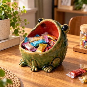 May include: A ceramic frog-shaped bowl with a glossy green exterior and a smooth orange interior. The bowl features two black eyes on top and is filled with various individually wrapped candies in colorful plastic packaging.