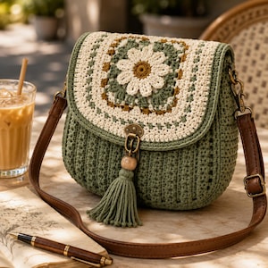 May include: A sage green crochet crossbody bag featuring a square flap with a white daisy motif. The bag includes a brown faux leather strap, a central metal clasp with a matching green tassel, and a wooden bead accent on the tassel cord.