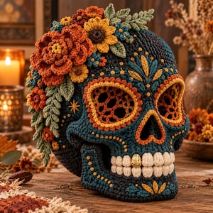 Könnte beinhalten: Ein dunkelblauer, gehäkelter Totenkopf, verziert mit einem Arrangement aus orangefarbenen, gelben und blauen gehäkelten Blumen und grünen Blättern. Der Totenkopf zeigt gelbe und orangefarbene Stickereien, weiße gehäkelte Zähne und einen Goldzahn.