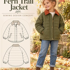 May include: A sewing pattern for a Fern Trail Jacket featuring a quilted olive green jacket with a contrasting orange corduroy collar, long sleeves with elastic cuffs, a front zipper, and snap buttons, shown with technical line drawings.