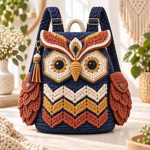 Puede incluir: Una mochila de ganchillo azul marino con forma de búho, con un patrón de chevrón en color crema y amarillo mostaza en el cuerpo, grandes ojos negros, un pico amarillo y bolsillos laterales en forma de ala color óxido con botones metálicos y borla.