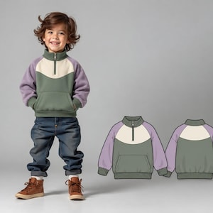 Könnte beinhalten: Ein farblich abgesetzter Pullover mit Stehkragen und halbem Reißverschluss, hellvioletten Ärmeln, einem cremefarbenen Brustbereich und einem salbeigrünen Unterteil mit Kängurutasche, dargestellt zusammen mit einer technischen Zeichnung.