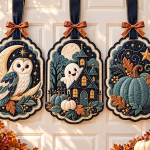 Mönster för Halloween-dörrhängare, uggla, spöke, pumpaapplikation (PDF)