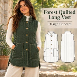 Puede incluir: Un chaleco largo acolchado de color verde oscuro con cuello alzado, botones de presión dorados y dos grandes bolsillos delanteros. El texto Forest Quilted Long Vest Design Concept aparece junto a un dibujo lineal blanco del frente y la espalda.