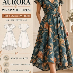 Op de afbeelding: Een PDF-naaipatroon voor een Aurora wikkel-midijurk van blauwgroene stof met een botanische print van oranje en blauwe bladeren. Het patroon bevat A4-, US Letter- en A0-formaten, voor 16 maten van XS tot 4XL met een stapsgewijze handleiding.