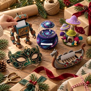 May include: A collection of crocheted items including a robot card holder, a galaxy-themed snow globe, a mushroom house, a green and gold masquerade mask, and a Viking longship card holder, all arranged on a wooden surface with holiday decor.