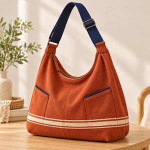 Hobo Bag Sewing Pattern, Rust Canvas Shoulder Bag with Zipper (PDF)