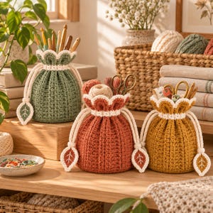 May include: Three crocheted drawstring pouches in sage green, terracotta, and mustard yellow. Each pouch features a scalloped white top edge, a ribbed texture, and two white drawstrings ending in leaf-shaped accents, holding craft supplies.